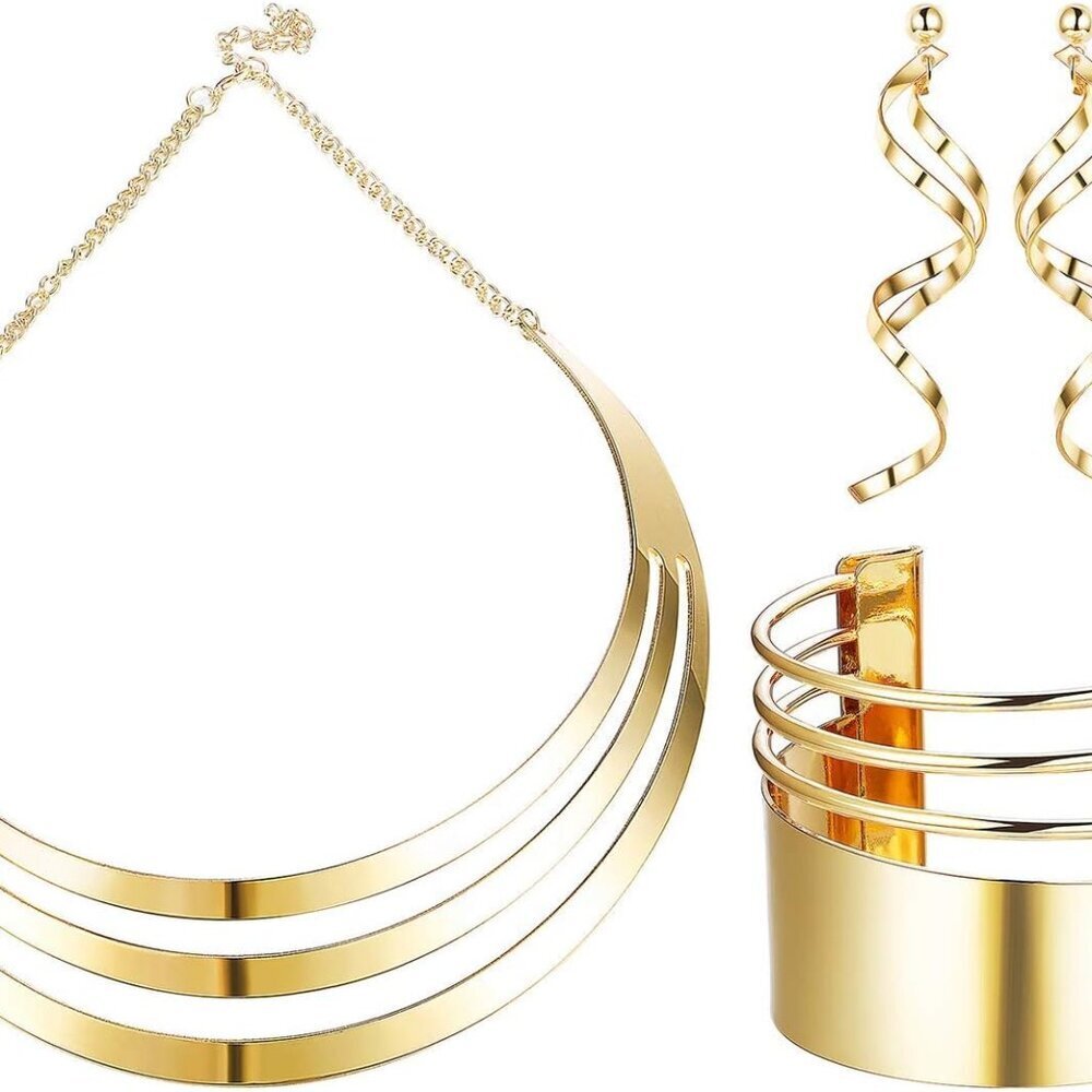Women Jewelry Set Gold Tone Necklace Earrings Cuff Bracelets Statement
